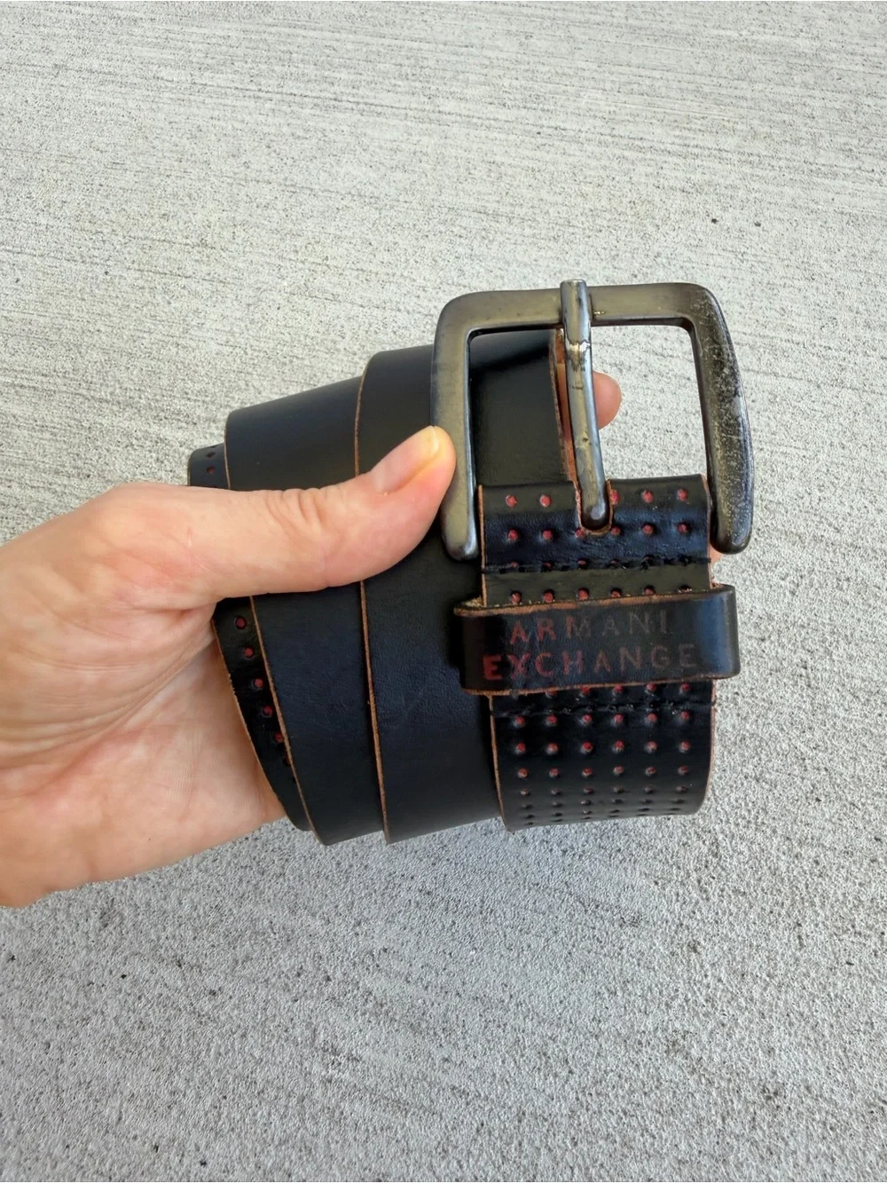 Vintage Armani Exchange Black Leather Belt Size 34 MadeCanada Red Detail 42.5”